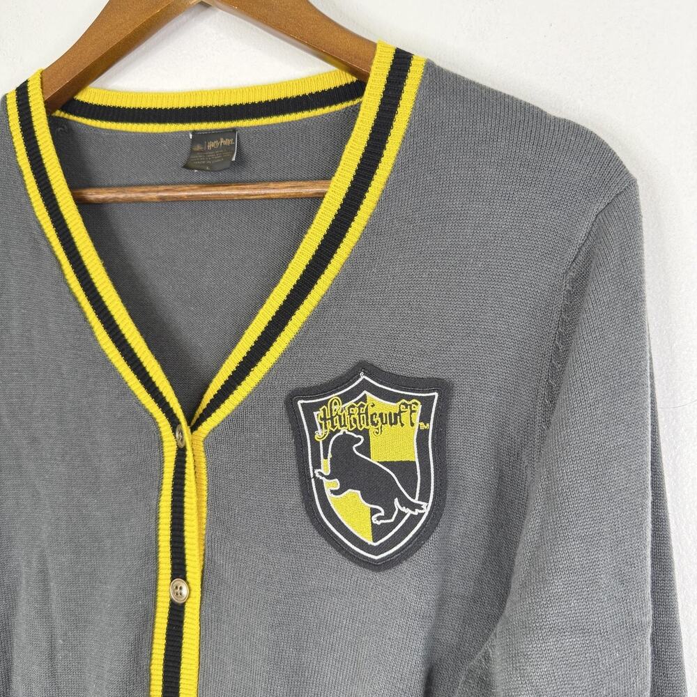 Harry Potter Hufflepuff Cardigan Sweater Womens Large Gray Crest Striped V Neck